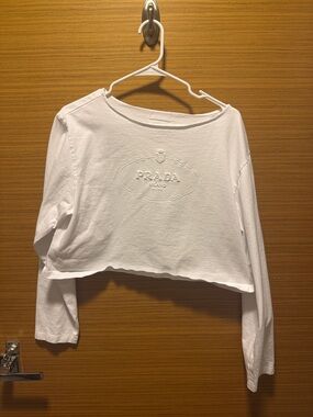 Prada White Cropped Long-Sleeve Embossed Logo Top